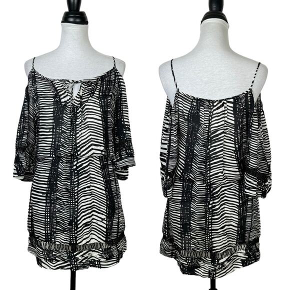 Parker Black & White Stripe Cold Shoulder 100% Silk Blouson Mini Dress - Picture 1 of 10